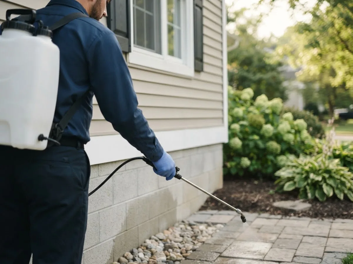 Pest control technician inspecting a home in Brutus, MI